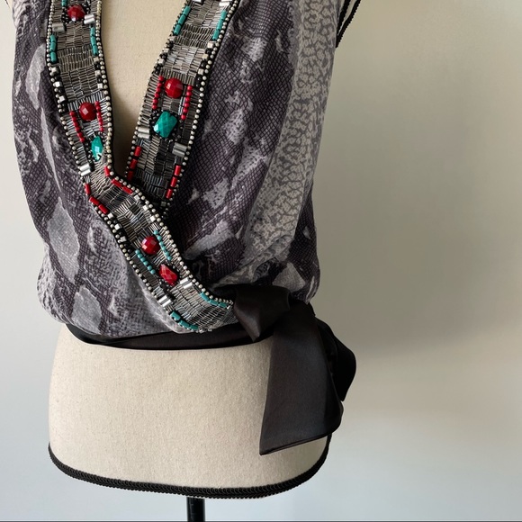 BEBE Silk Beaded Snake Printed Top - Picture 4 of 16